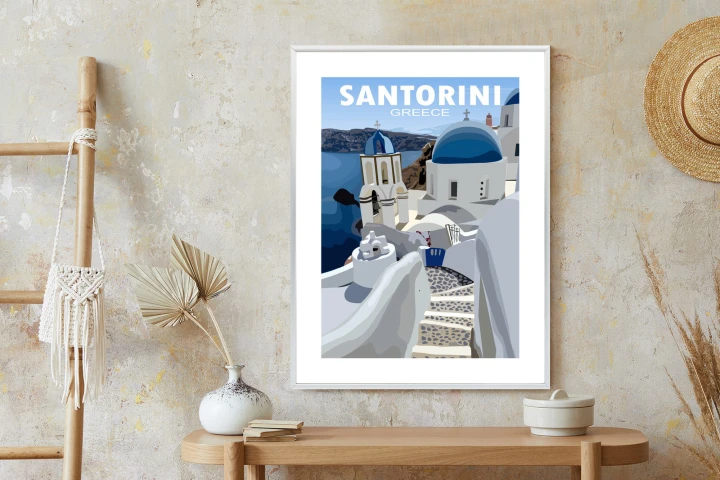 Plakat Typowe Greckie Budynki Z Niebieskimi Dachami Na Santorini