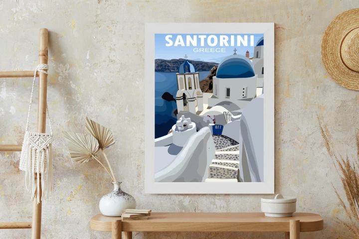 Plakat Typowe Greckie Budynki Z Niebieskimi Dachami Na Santorini