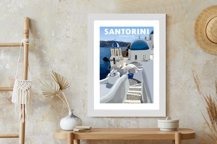Plakat Typowe Greckie Budynki Z Niebieskimi Dachami Na Santorini