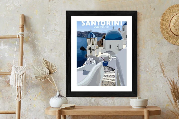 Plakat Typowe Greckie Budynki Z Niebieskimi Dachami Na Santorini