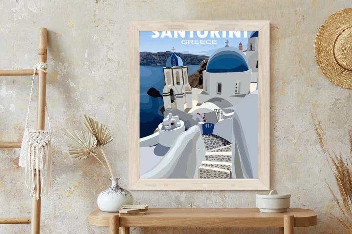 Plakat Typowe Greckie Budynki Z Niebieskimi Dachami Na Santorini