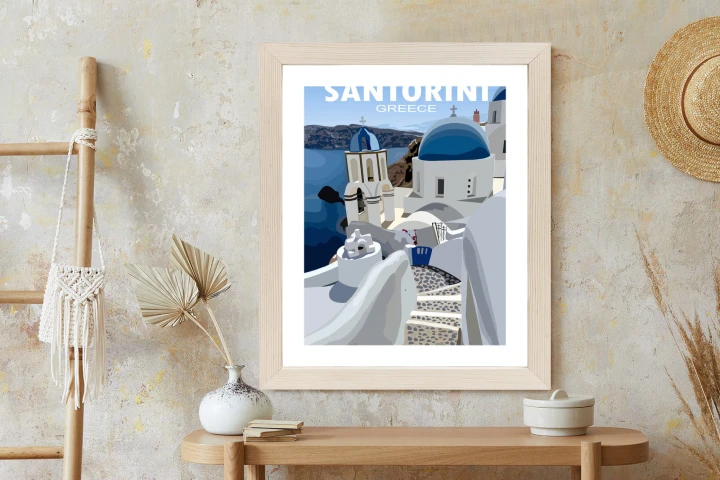 Plakat Typowe Greckie Budynki Z Niebieskimi Dachami Na Santorini