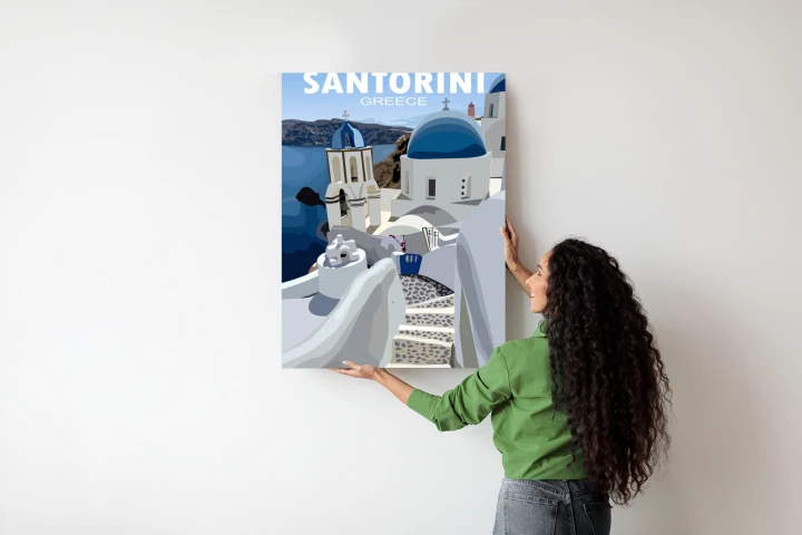 Plakat Typowe Greckie Budynki Z Niebieskimi Dachami Na Santorini