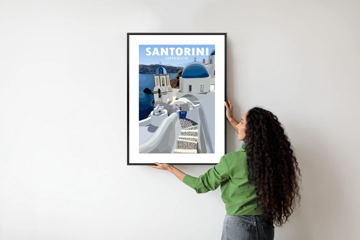 Plakat Typowe Greckie Budynki Z Niebieskimi Dachami Na Santorini