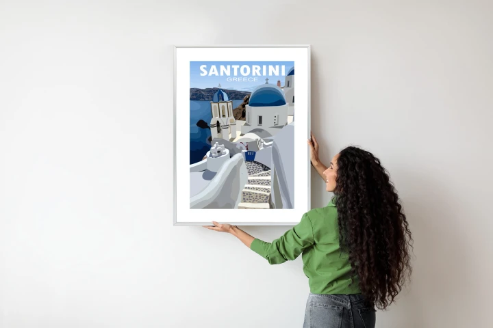 Plakat Typowe Greckie Budynki Z Niebieskimi Dachami Na Santorini