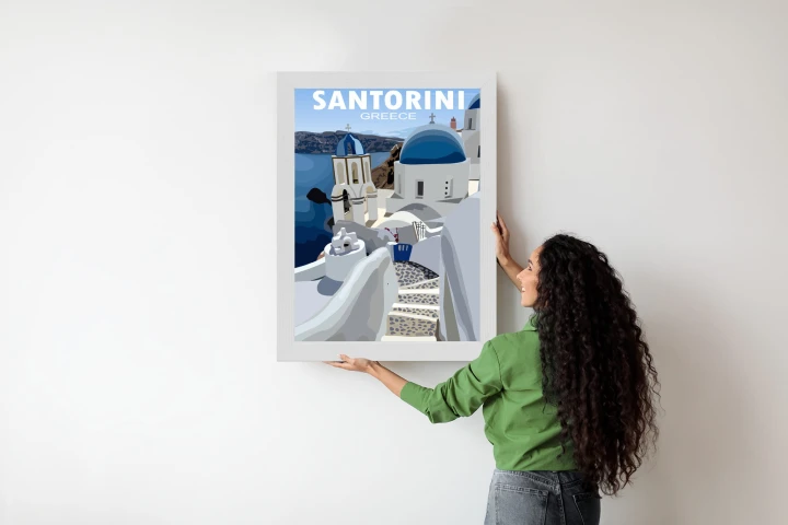 Plakat Typowe Greckie Budynki Z Niebieskimi Dachami Na Santorini