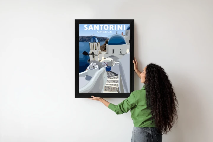 Plakat Typowe Greckie Budynki Z Niebieskimi Dachami Na Santorini