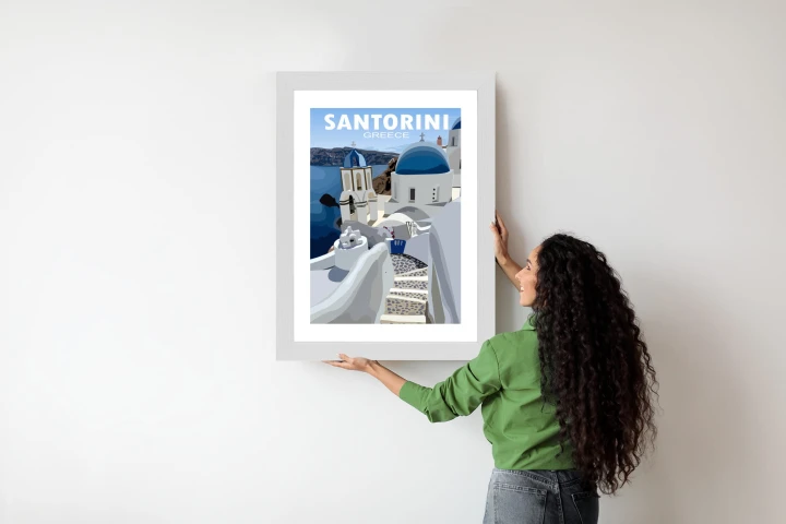 Plakat Typowe Greckie Budynki Z Niebieskimi Dachami Na Santorini