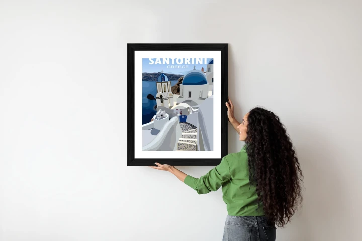 Plakat Typowe Greckie Budynki Z Niebieskimi Dachami Na Santorini