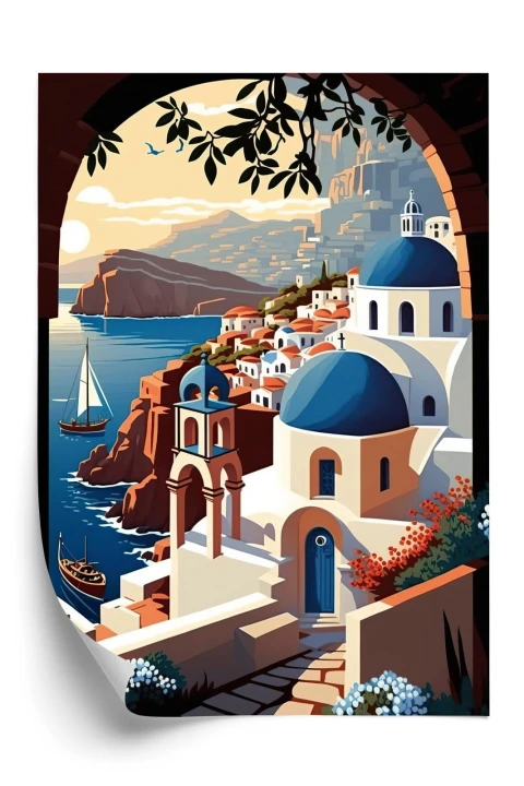 Plakat Ilustracja Greckiej Architektury Santorini