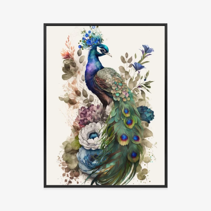 Plakat Elegancka Grafika Z Kwiatami I Pawiem