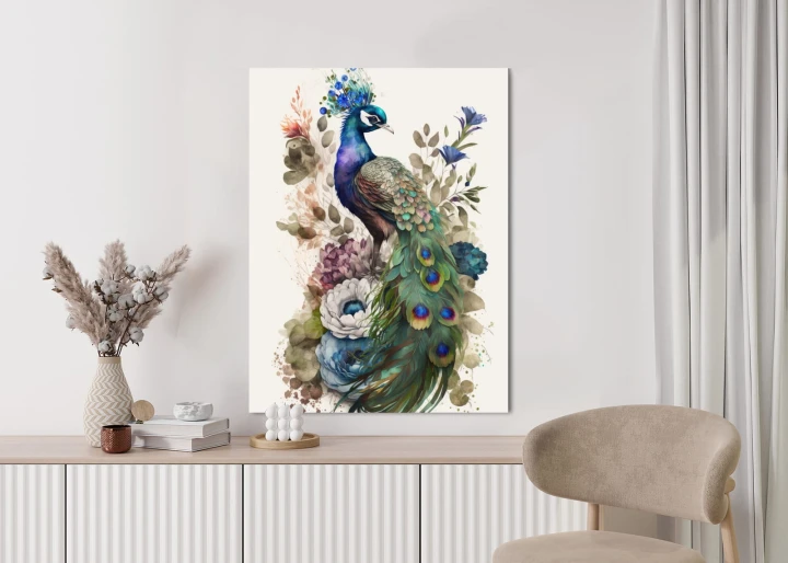 Plakat Elegancka Grafika Z Kwiatami I Pawiem