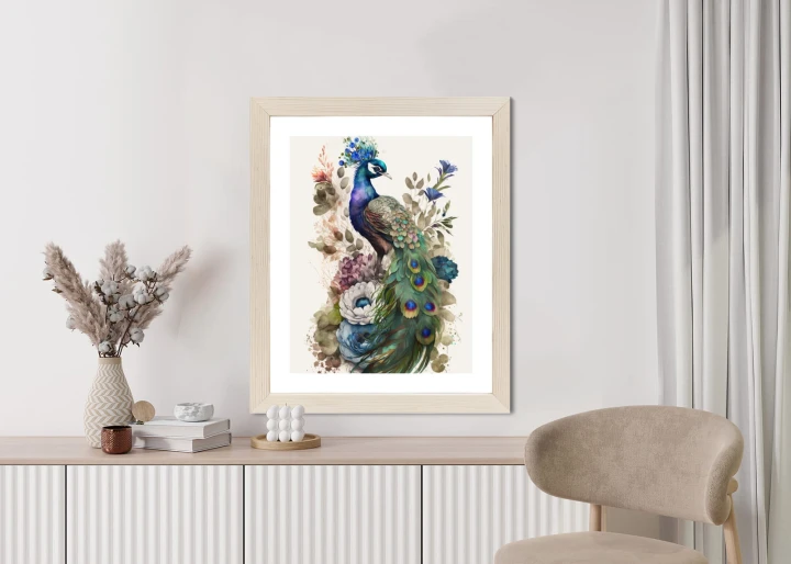 Plakat Elegancka Grafika Z Kwiatami I Pawiem