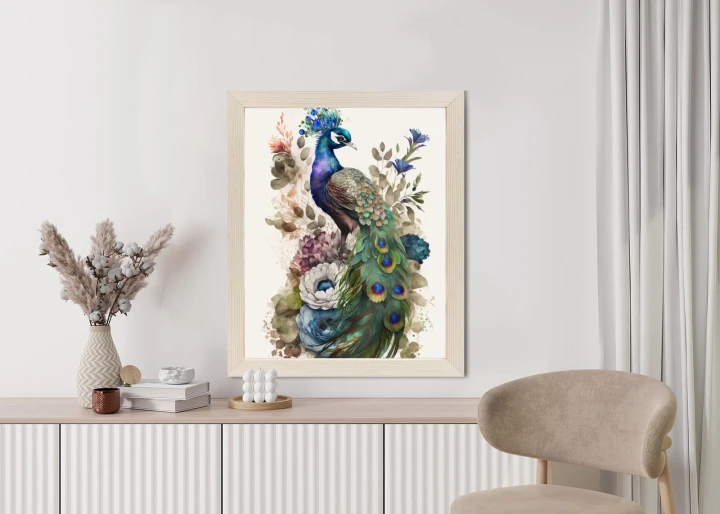 Plakat Elegancka Grafika Z Kwiatami I Pawiem