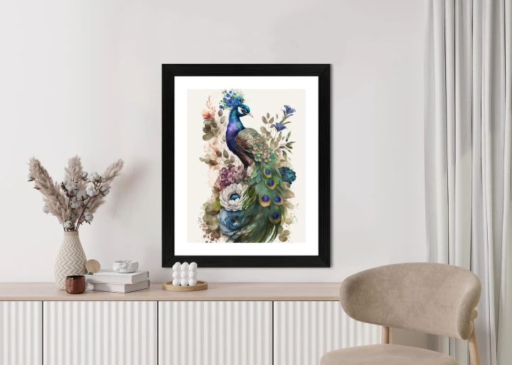 Plakat Elegancka Grafika Z Kwiatami I Pawiem