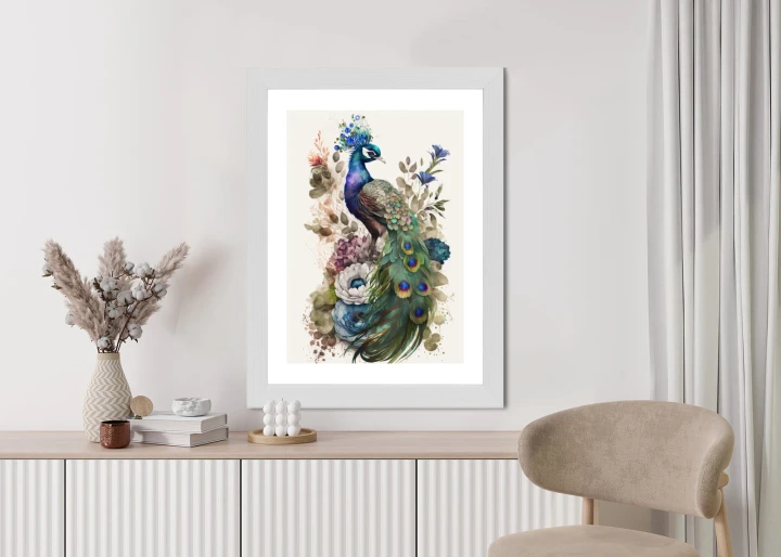 Plakat Elegancka Grafika Z Kwiatami I Pawiem