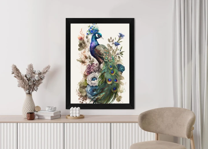 Plakat Elegancka Grafika Z Kwiatami I Pawiem