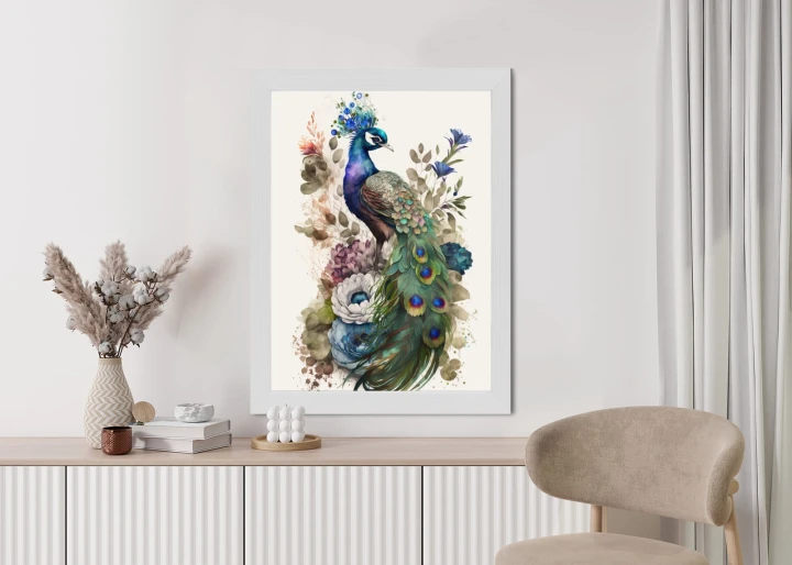 Plakat Elegancka Grafika Z Kwiatami I Pawiem