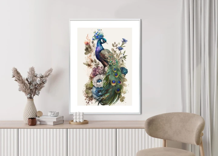 Plakat Elegancka Grafika Z Kwiatami I Pawiem