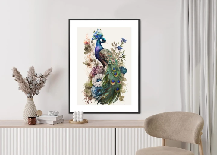 Plakat Elegancka Grafika Z Kwiatami I Pawiem