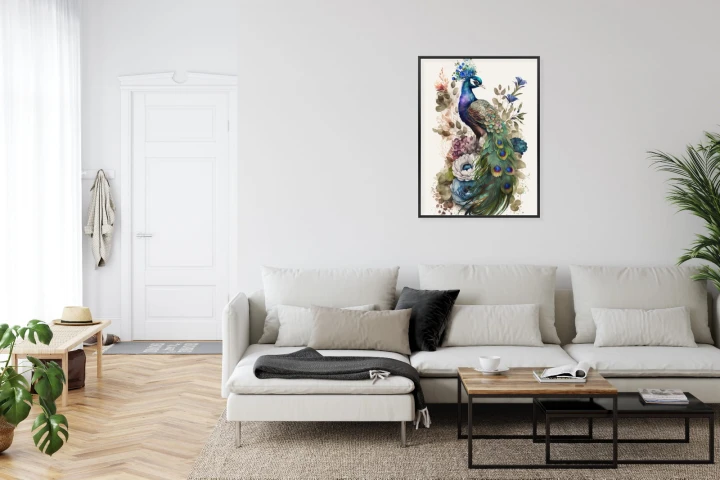 Plakat Elegancka Grafika Z Kwiatami I Pawiem