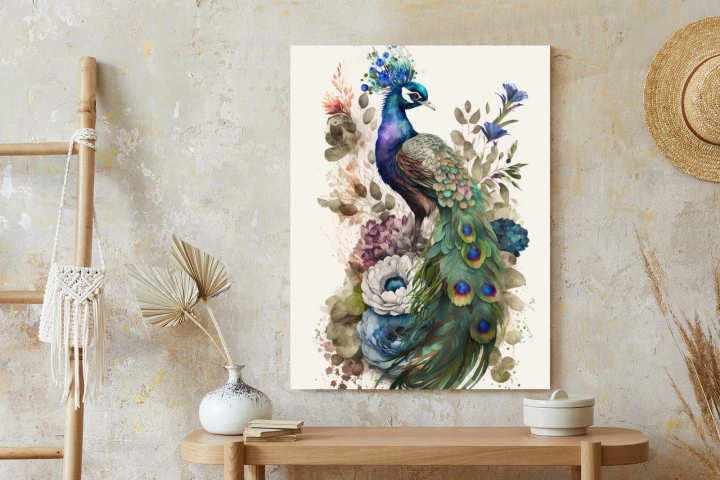 Plakat Elegancka Grafika Z Kwiatami I Pawiem