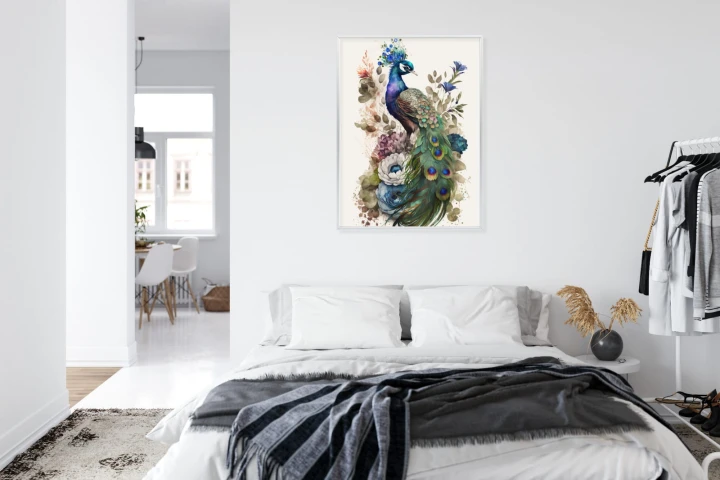 Plakat Elegancka Grafika Z Kwiatami I Pawiem