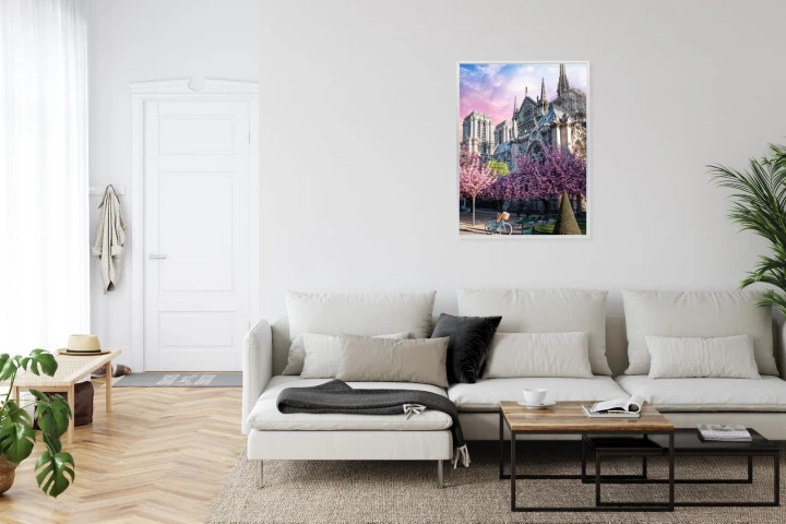 Plakat Katedra Notre Dame De Paris O Wschodzie Słońca I Kwitnące Wiśnie