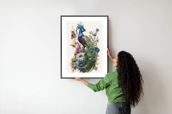 Plakat Elegancka Grafika Z Kwiatami I Pawiem