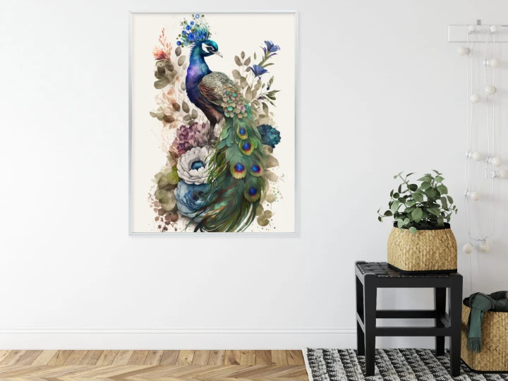 Plakat Elegancka Grafika Z Kwiatami I Pawiem