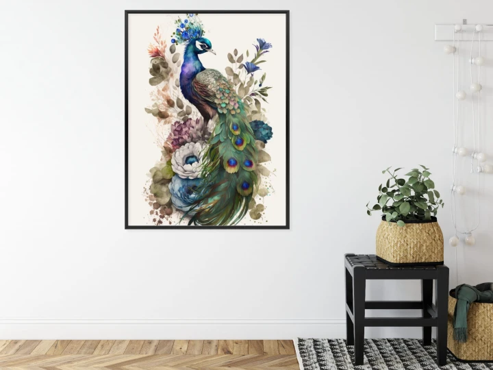 Plakat Elegancka Grafika Z Kwiatami I Pawiem