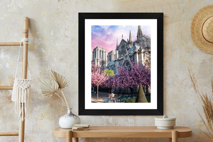 Plakat Katedra Notre Dame De Paris O Wschodzie Słońca I Kwitnące Wiśnie