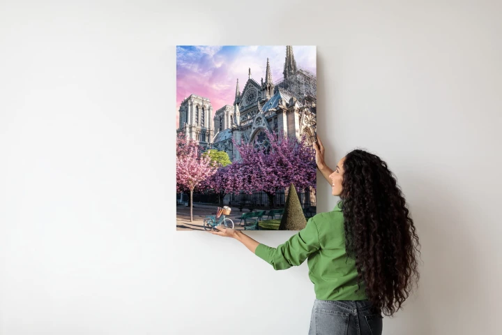 Plakat Katedra Notre Dame De Paris O Wschodzie Słońca I Kwitnące Wiśnie