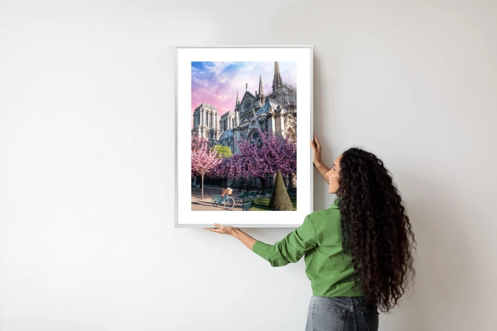 Plakat Katedra Notre Dame De Paris O Wschodzie Słońca I Kwitnące Wiśnie