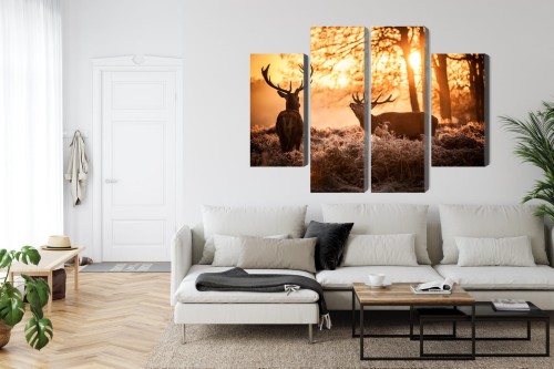 Obraz Wieloczęściowy Dwa Jelenie W Lesie O Zachodzie Słońca 3D
