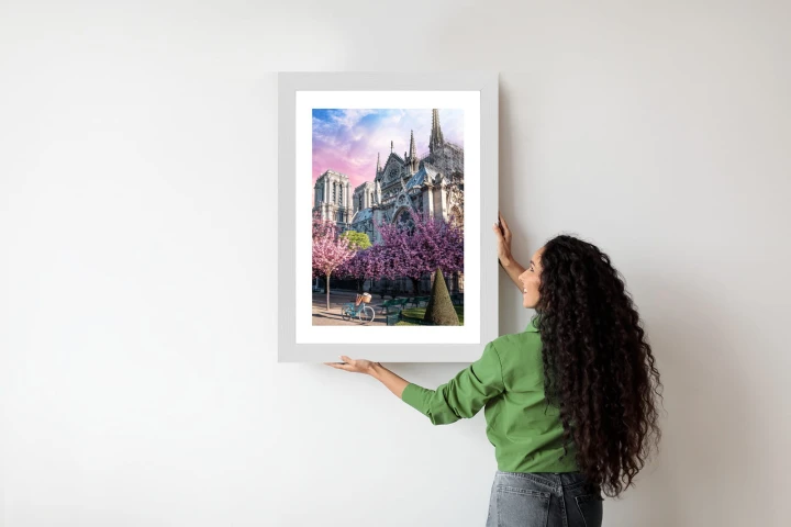 Plakat Katedra Notre Dame De Paris O Wschodzie Słońca I Kwitnące Wiśnie