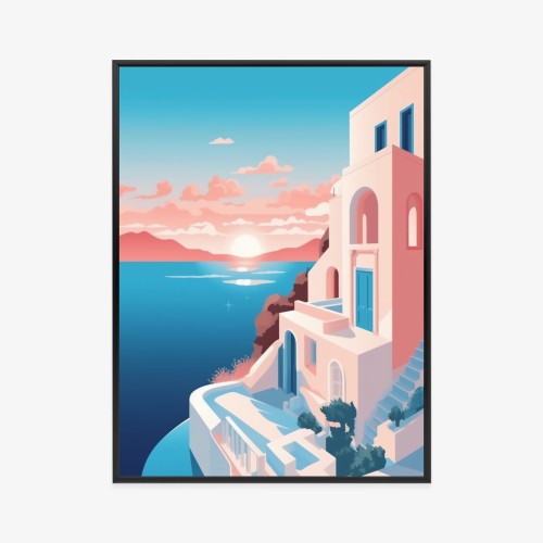 Plakat Ilustracja Z Zachodem Słońca Na Santorini