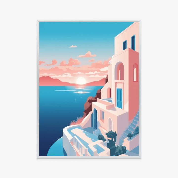 Plakat Ilustracja Z Zachodem Słońca Na Santorini