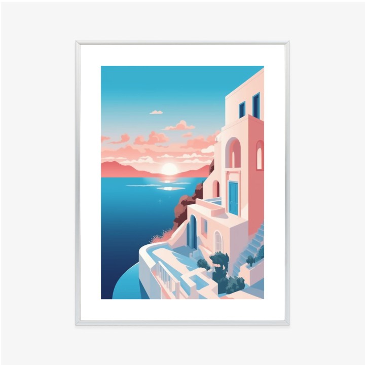 Plakat Ilustracja Z Zachodem Słońca Na Santorini