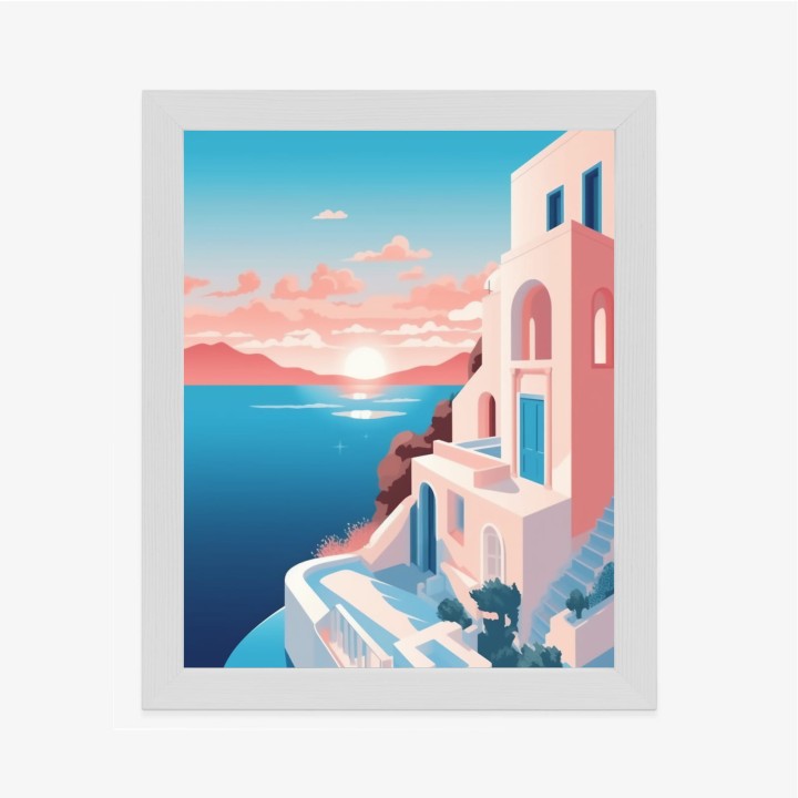 Plakat Ilustracja Z Zachodem Słońca Na Santorini