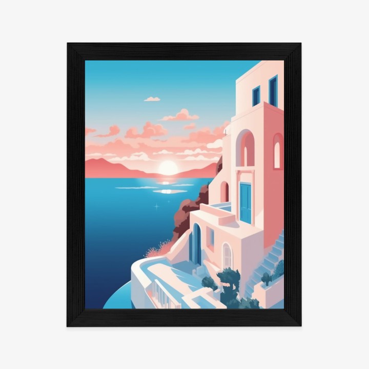 Plakat Ilustracja Z Zachodem Słońca Na Santorini