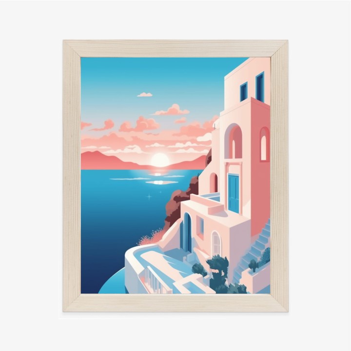 Plakat Ilustracja Z Zachodem Słońca Na Santorini