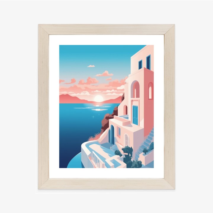 Plakat Ilustracja Z Zachodem Słońca Na Santorini