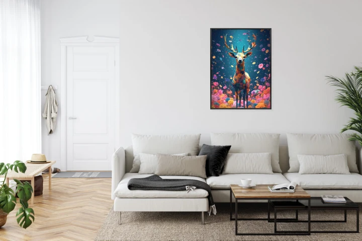 Plakat Łania Jeleń Na Środku Łąki Pełnej Kwiatów