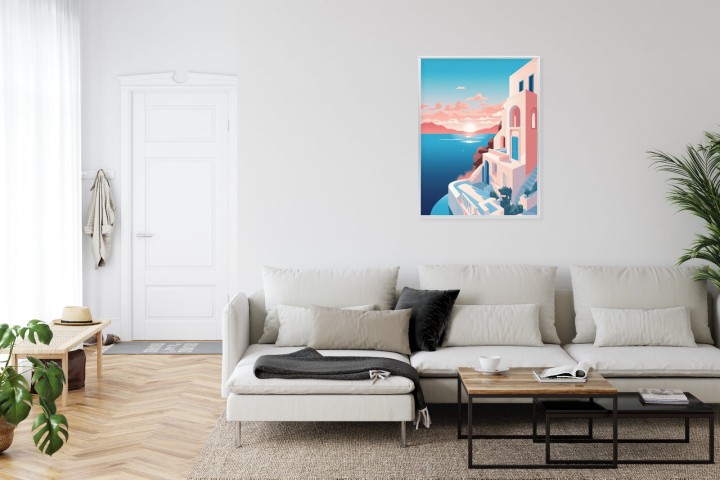 Plakat Ilustracja Z Zachodem Słońca Na Santorini