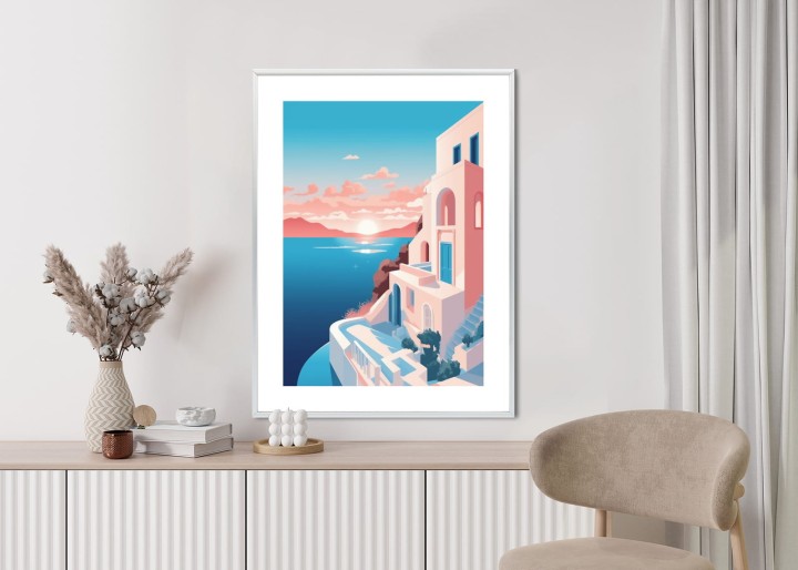 Plakat Ilustracja Z Zachodem Słońca Na Santorini