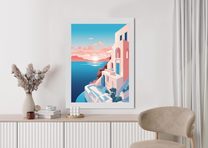 Plakat Ilustracja Z Zachodem Słońca Na Santorini