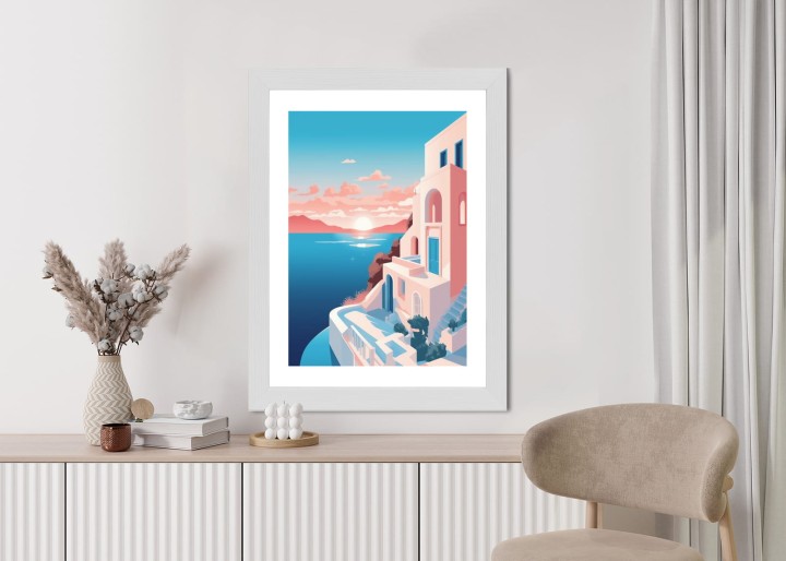 Plakat Ilustracja Z Zachodem Słońca Na Santorini