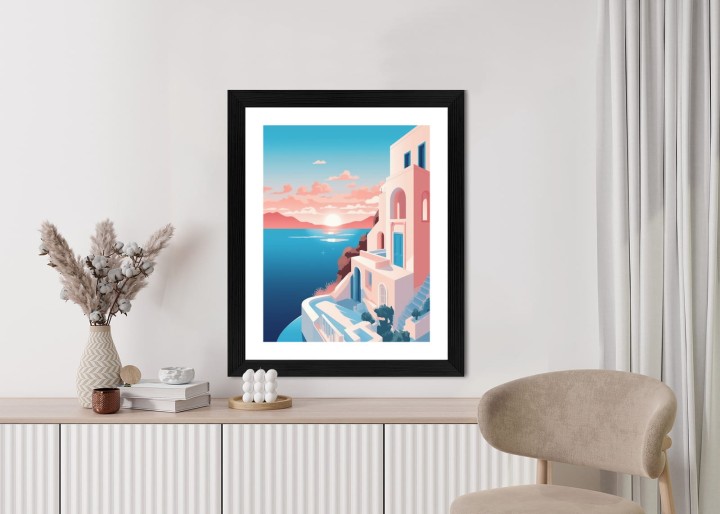 Plakat Ilustracja Z Zachodem Słońca Na Santorini