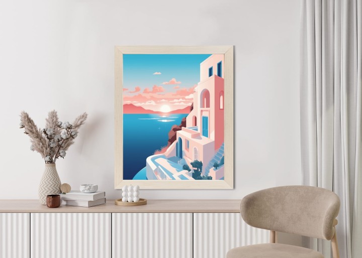 Plakat Ilustracja Z Zachodem Słońca Na Santorini